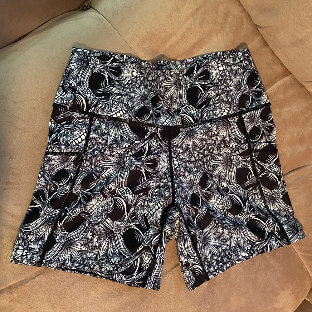 Constantly Varied Gear Black and White Bike Shorts Floral Skull Design